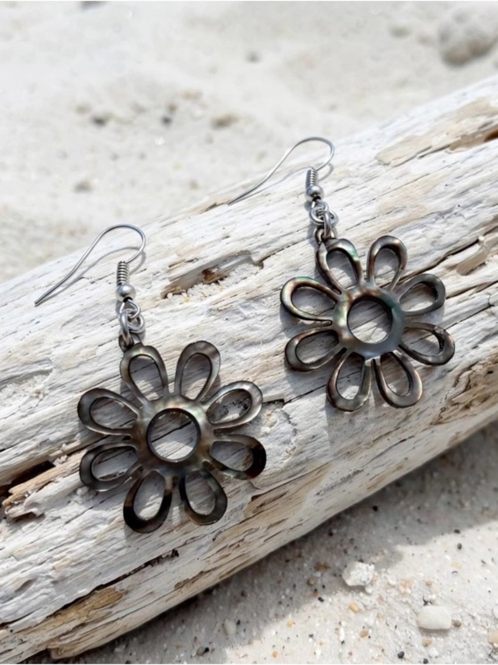 Black Lip Shell Daisy Flower Earrings | Natural Iridescent Dark Brown Dangle
